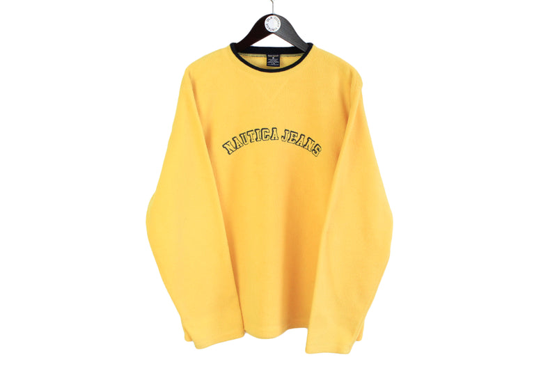 vintage NAUTICA Jeans men's fleece Sweatshirt Size L authentic big logo yellow hip hop style outfit 90's 80's rare retro old school bright