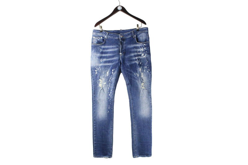 Dsquared2 Jeans 52 blue paint dots denim trousers with rips made in Italy streetwear