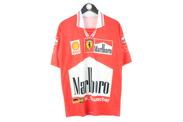 Vintage Michael Schumacher Ferrari Polo T-Shirt Large red marlboro big logo Formula 1 racing polyester tee