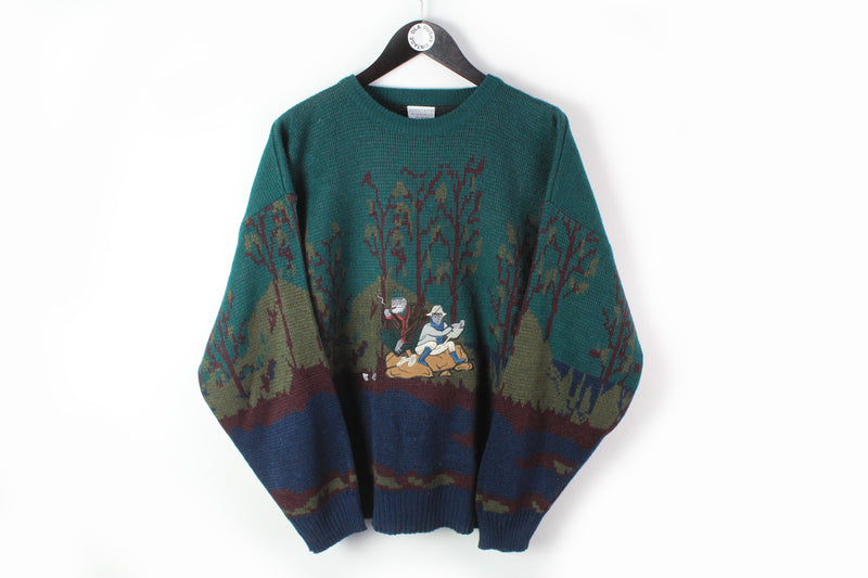 Vintage Sweater Large / XLarge green blue hunting fishing 90's 80's winter cozy jumper