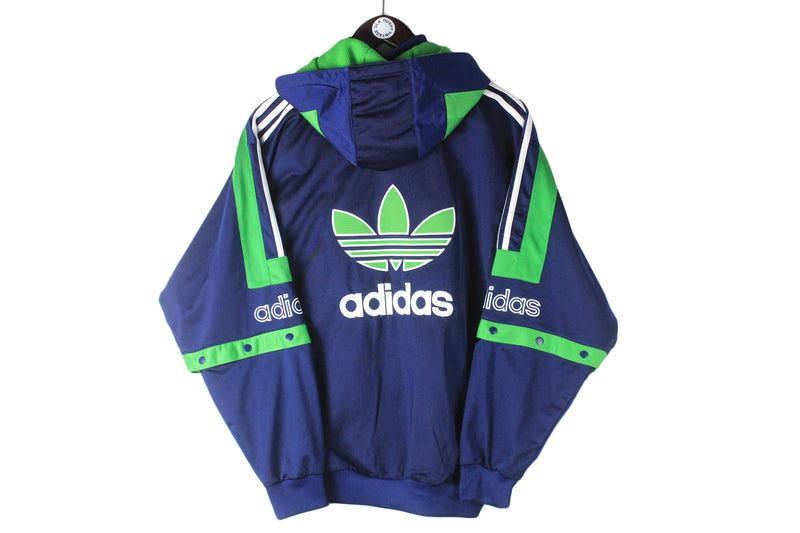 Vintage Adidas Track Jacket Medium blue green big logo 90s retro sport windbreaker hooded snap buttons