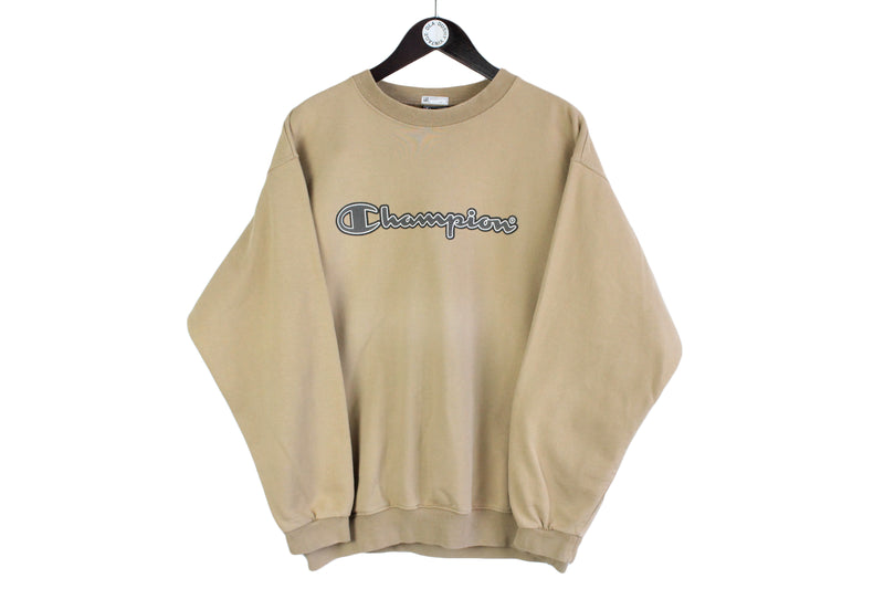 Vintage Champion Sweatshirt XLarge size men's beige big logo long sleeve pullover 90's style crewneck sport authentic athletic brown 90's brand