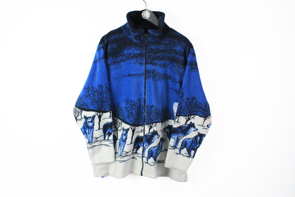 Vintage Wolf Fleece Medium white blue arctic pattern 90's retro nordic sweater