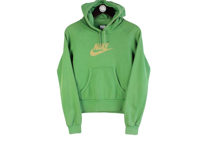 Vintage Nike Hoodie Women's Small size bright 90's style hooded sweatshirt big front logo swoosh USA sport athletic pullover green long sleeve cotton sport wear