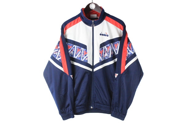 Vintage Diadora Track Jacket Medium white blue abstract pattern 90s retro full zip windbreaker