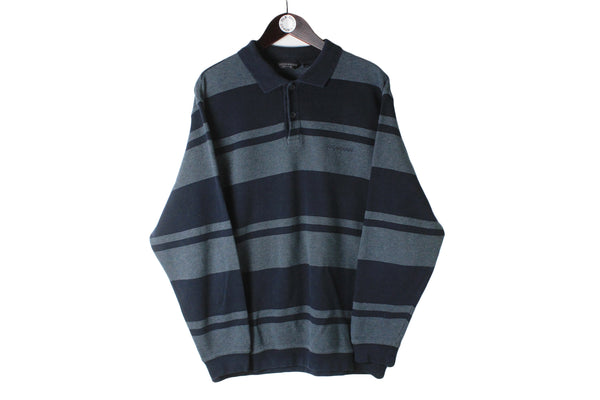 Vintage Yves Saint Laurent Sweater XLarge retro luxury style small logo 90s striped pattern blue navy collared sweatshirt