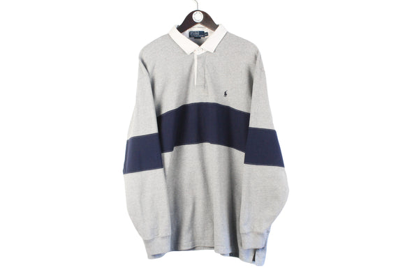 Vintage Polo by Ralph Lauren Rugby Shirt XXLarge gray blue small logo classic long sleeve collared t-shirt 90s hip hop wear