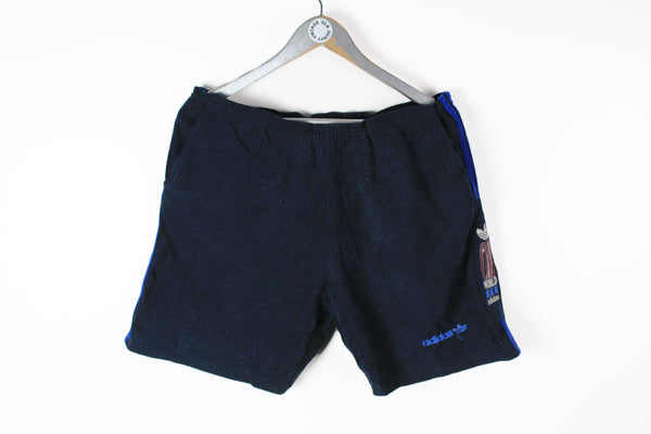 Vintage Adidas One World Shorts Large navy blue velour shorts sport
