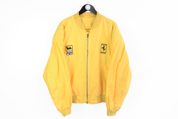 Vintage Ferrari x Hugo Boss Bomber Jacket XLarge yellow Agip 90s retro style Formula 1 F1 racing windbreaker