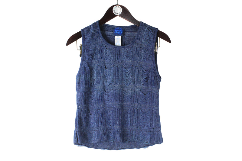 Vintage Kenzo Top Women's XLarge blue sleeveless t-shirt knitted 90s