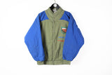 Vintage Adidas Hunter Dun Rifle Club Bomber Jacket Snap Buttons Small Region Map olive green blue big logo 1980s sport coat