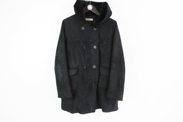 Vintage Balmain Coat Women's 40 hooded black sheepskin style jacket polyester