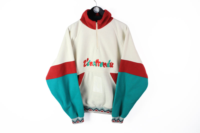 Vintage Fleece Half Zip Large white green red 90's winter retro style jumper 