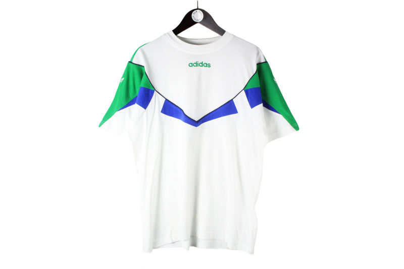 Vintage Adidas T-Shirt Large retro white blue green small center logo 90s retro classic cotton shirt