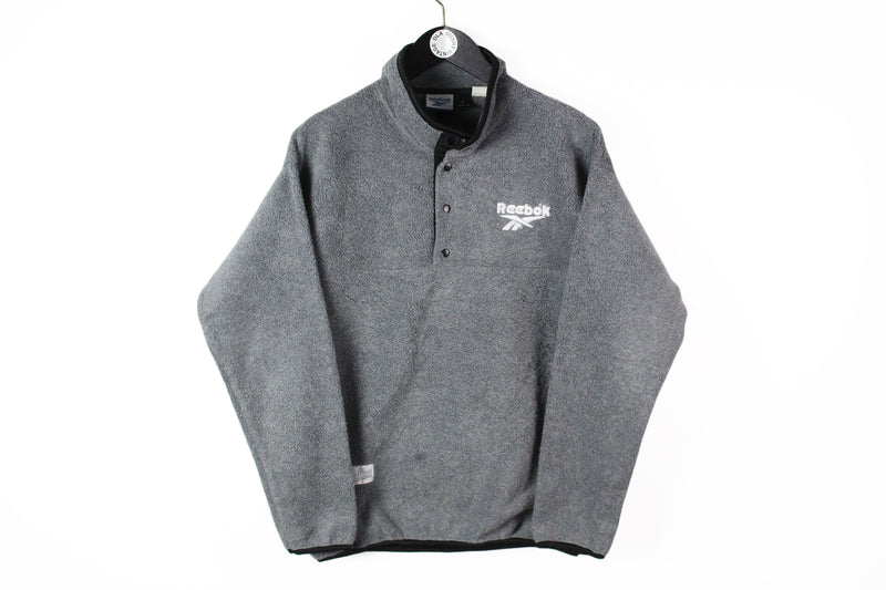 Vintage Reebok Fleece Medium gray snap buttons 90s small logo retro style mountain sweater
