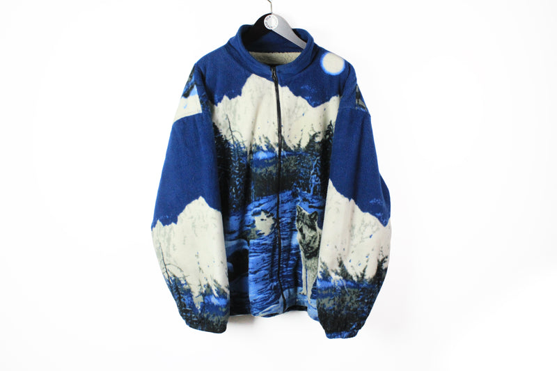 Vintage Wolf Fleece Full Zip XXLarge / 3XLarge animal pattern forest blue 90s full zip sherpa sweater