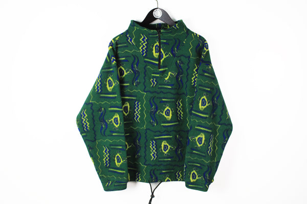 Vintage Fleece 1/4 Zip Large green animal fish pattern abstract 90s print