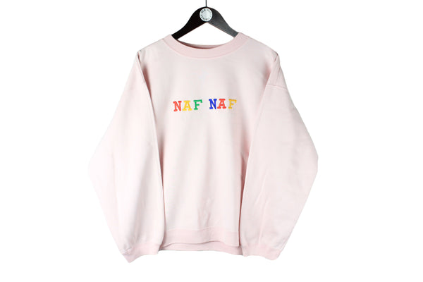 Vintage Naf Naf Sweatshirt Women's Medium pink big logo multicolor 90s retro crewneck sport wear