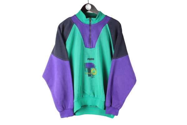 Vintage Puma Sweatshirt 1/4 Zip Medium green purple 90s retro sport jumper multicolor