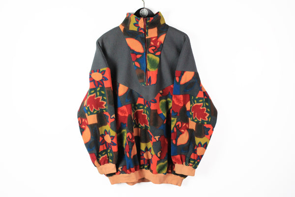 Vintage Fleece Half Zip Large gray multicolor abstract crazy pattern 90s sport style ski sweater