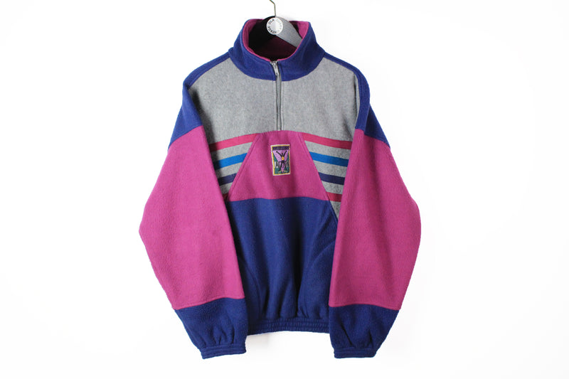 Vintage Fleece 1/4 Zip Large multicolor gray blue pink 90s sport style streetwear sweater