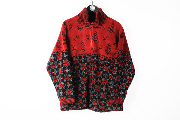 Vintage Fleece 1/4 Zip Medium red abstract pattern 90s sport sweater
