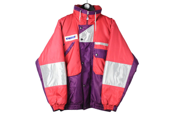 Vintage K-Way Jacket Large size men's ski mountain winter outfit rare retro athletic sport bright multicolor pink purple full zip coat extreme style outfit streetwear 90's