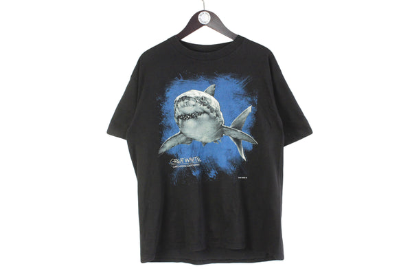 Vintage Great White Shark "Carcharodon Carcharias" Wild Oats T-Shirt XLarge black blue 90s retro animal pattern sea ocean shirt