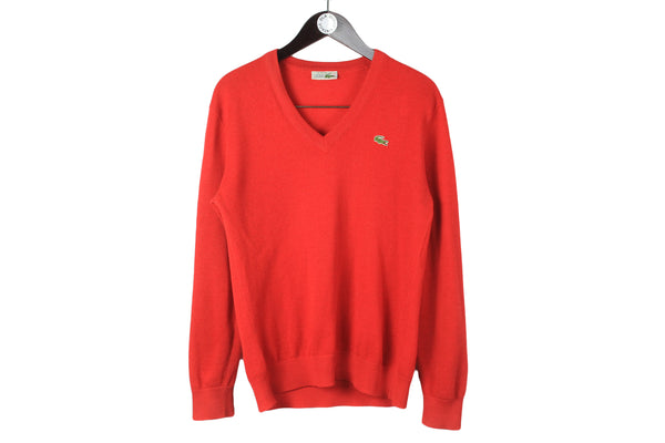 Vintage Lacoste Sweater Medium size men's red bright junper v-neck knitwear casual basic classic long sleeve 90's style