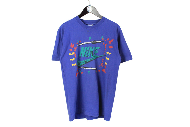 vintage NIKE big logo authentic T-Shirt blue cotton athletic tee retro 90s rare Size S sport outfit top rave hip hop style made in Ireland