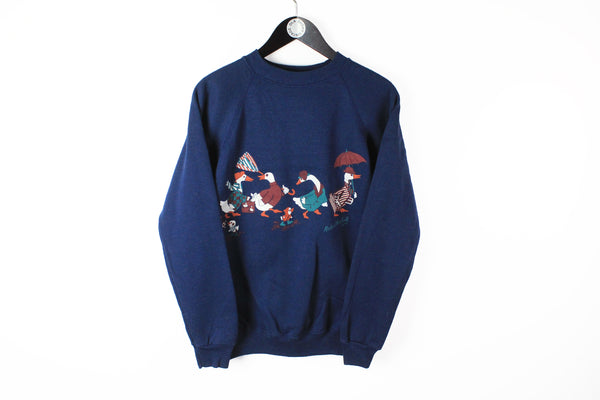 Vintage Hanes Sweatshirt Medium ducks pattern print navy blue made in USA crewneck 80's