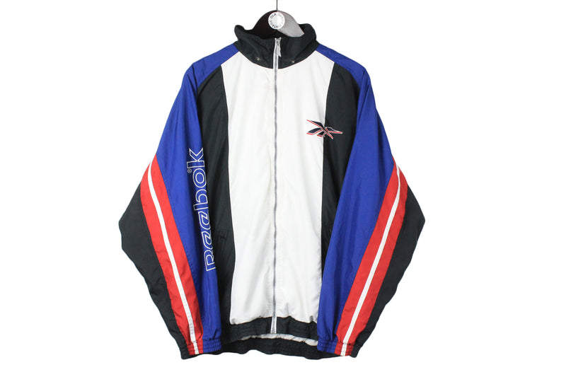 Vintage Reebok Track Jacket Medium / Large size men's sport wear multicolor full zip 90's style big logo windbreaker authentic athltic training retro