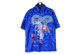 Vintage Shirt Large size men's anime logo short sleeve collared button up cartoon comics manga style 90's streetwear blue bright