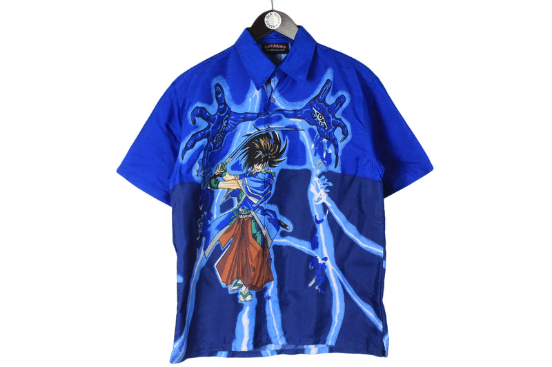 Vintage Shirt Large size men's anime logo short sleeve collared button up cartoon comics manga style 90's streetwear blue bright anima Japan style