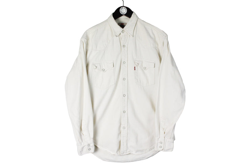 Vintage Levis Shirt Large size classic streetwear white collared USA style 90's 80's wear beige front pockets long sleeve hipster