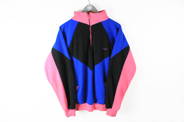 Vintage Fleece 1/4 Zip Large multicolor blue pink black retro style 80s sport runner sweater