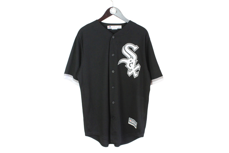 Vintage Sox T-Shirt Large Majestic baseball league MLB black big logo sport authentic short sleeve full zip shirt 90's style retro wear White Sox Baseball Chicago jersey