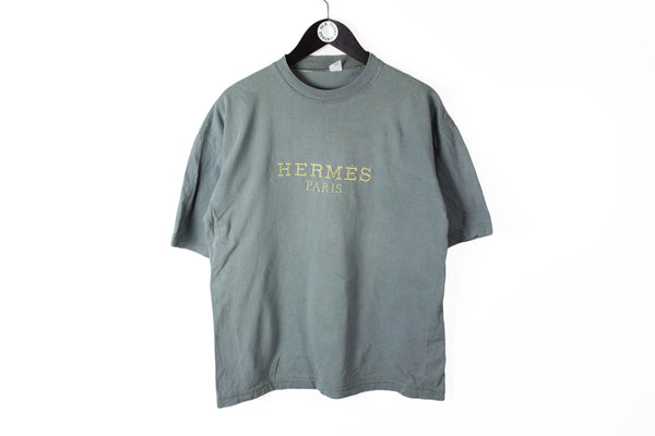 Vintage Hermes Bootleg Embroidery Logo T-Shirt Medium gray big logo 80s tee basic crew neck
