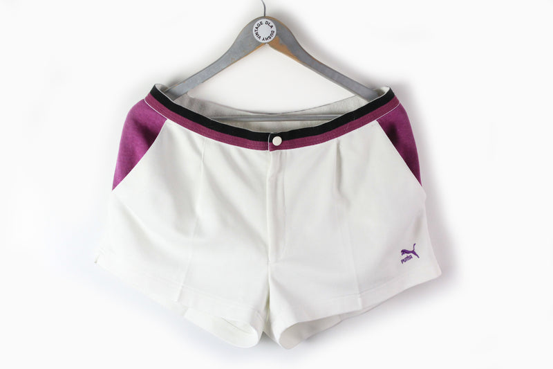 Vintage Puma Tennis Shorts XLarge white purple 80s retro style sport shorts