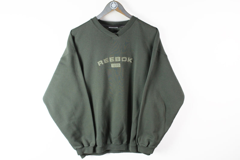 Vintage Reebok Sweatshirt Medium / Large gray big logo green 90s sport jumper v-neck