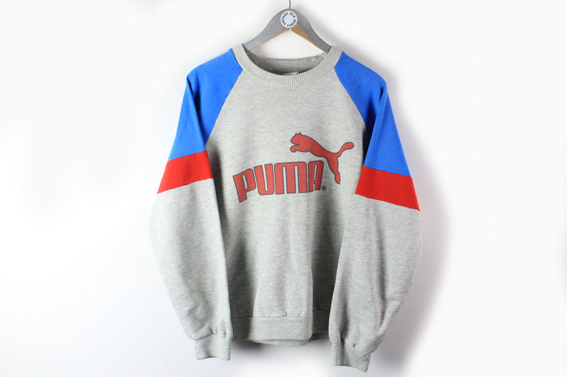 Vintage Puma Sweatshirt Medium big logo gray red blue 90s sport jumper