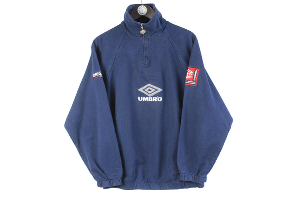 Vintage Umbro Sweatshirt 1/4 Zip Medium navy blue big logo 90s retro sport jumper cotton rare sport style
