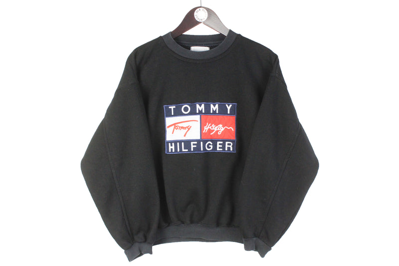 Vintage Tommy Hilfiger Bootleg Sweatshirt Women’s Medium black big logo 90s retro oversize classic hip hop style crewneck jumper