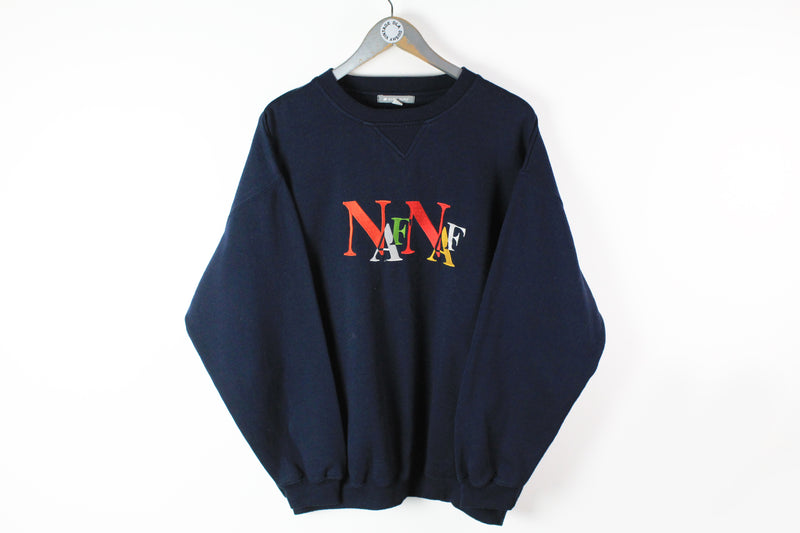 Vintage Naf Naf Sweatshirt Large blue big logo multicolor 90s sport jumper