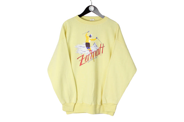 Vintage Sweatshirt XLarge size men's oversize non brand yellow ski logo sport pullover long sleeve winter game mountain crewneck rare retro old school clothing 90's Zermatt Switzerland
