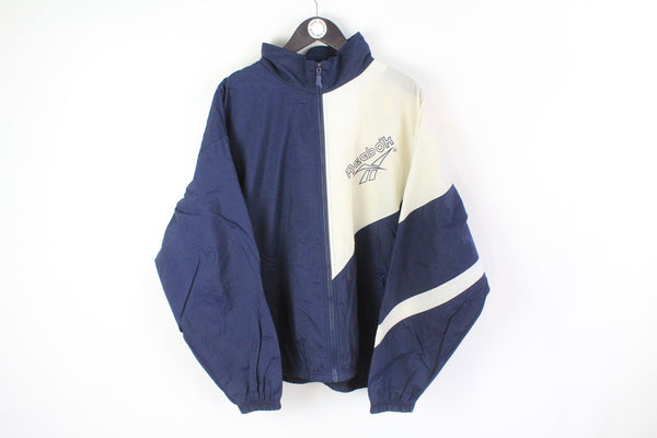 Vintage Reebok Track Jacket XLarge blue white big logo 90's retro style windbreaker