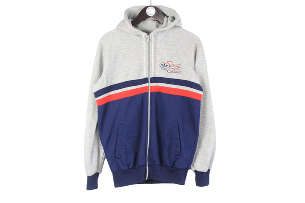 Vintage Adidas Hoodie Full Zip Small gray blue Spirit of the Games 80s classic sport sweatshirt hooded jumper
