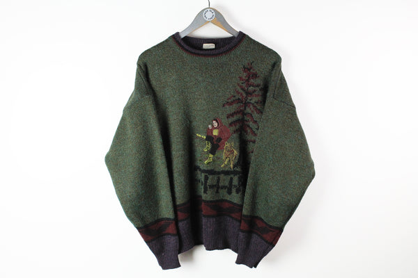 Vintage Angelo Litrico Sweater Large green big embroidery logo man and dog 80s winter jumper