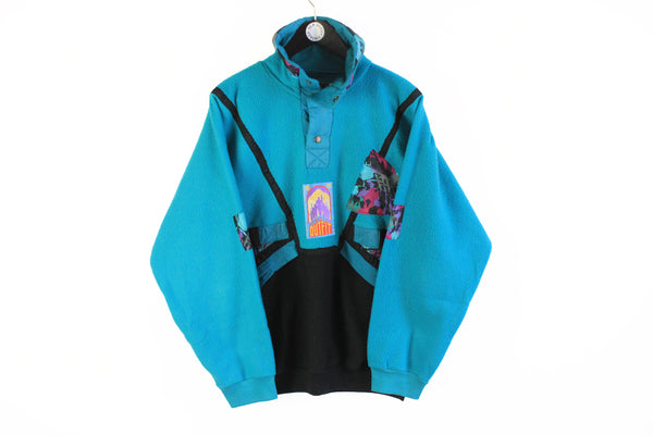 Vintage Fleece Snap Buttons XLarge blue black multicolor 80s outdoor sport style sweater