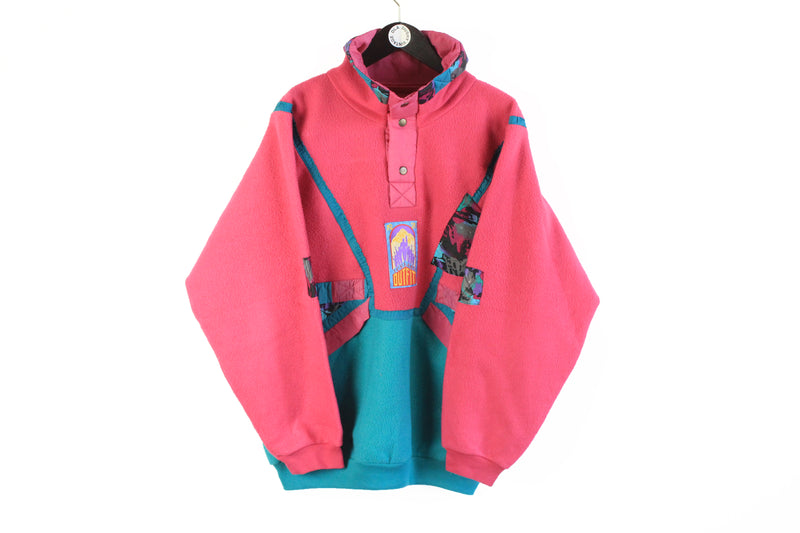 Vintage Fleece Snap Buttons XLarge pink green 90s sweater retro style outdoor jumper